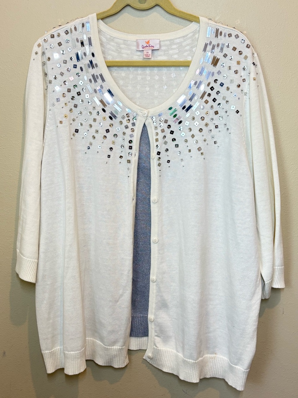 Quacker Factory Ivory & Silver Embellished One piece Cardigan Sweater, 2X